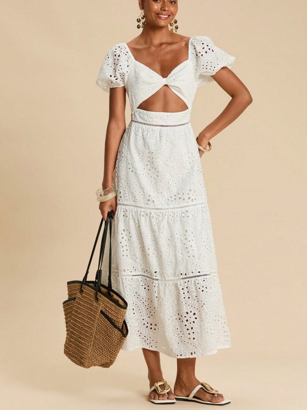 White Boho Women's Embroidered Twist Ruched Long Dress - Picture 5 of 7